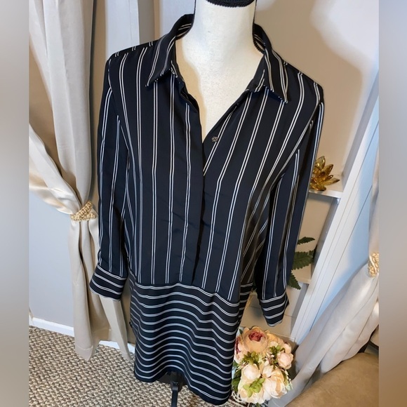 Cremieux size Small EUC White Black Pinstriped Collard Shirt Long Sleeve Dress - Picture 4 of 11
